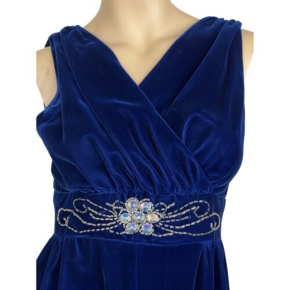 Vintage Formal Gown Blue Velvet Bead Rhinestones V Neck Empire Waist Size Small - Picture 3 of 10